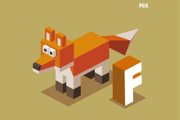 "f"狐狸动物词汇英文字母2.5d插画素材 f for fox animal alphabet