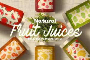 天然果汁图案包装设计无缝纹理v1 Natural Fruit Juices Seamless Patterns Vol1
