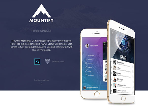 手机应用设计套件 Mountify Mobile UI Kit（150 PSDs&1000+元素）