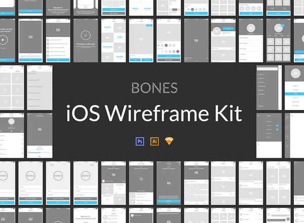 iOS 应用设计线框图素材包 Bones IOS Wireframe Kit [PS,AI,Sketch]