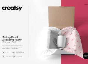 包裹箱子和包装纸模型 Mailing Box & Wrapping Paper Mockup
