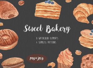 甜面包水彩画素材 Watercolor Sweet Bakery set