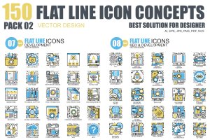 150枚概念主题扁平设计风格矢量线性图标 Line icons