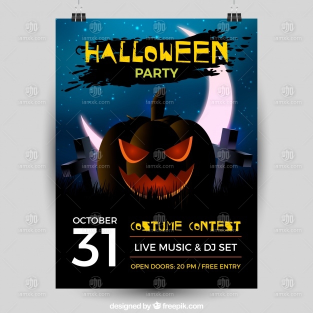 Scary pumpkin at the cemetery poster Free Vector
