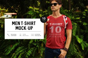 热带雨林背景男模特T恤上身效果样机 Men in Tropic T-Shirt Mock-Up