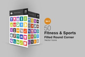 50枚健身&运动主题圆角图标素材 50 Fitness & Sports Flat Round Corner Icons