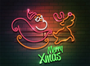 圣诞霓虹灯 Realistic style background with Christmas lights on brick wall