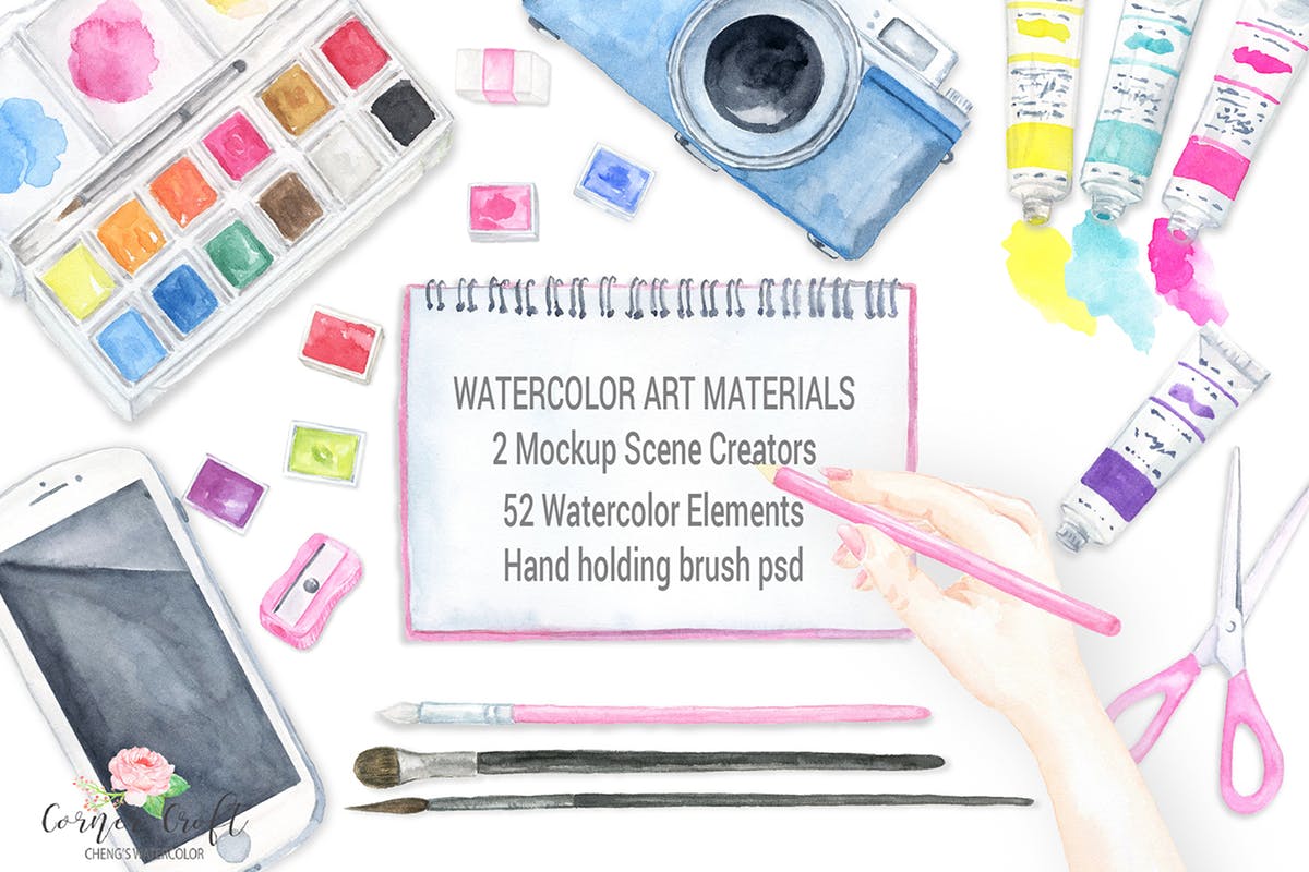 水彩艺术创作场景样机模板 Watercolor art material mockups