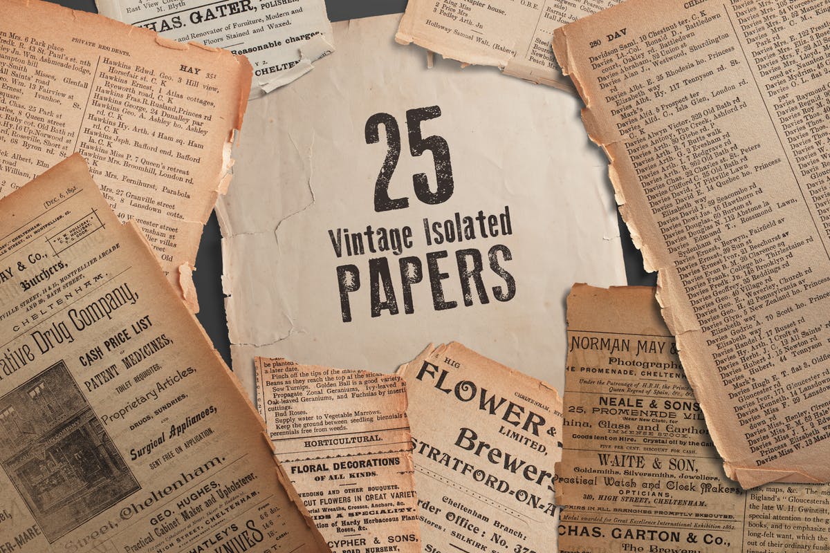 25款复古风格旧报纸纸张纹理25vintageisolatedpapers