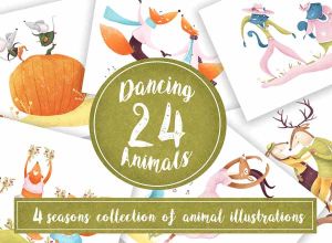 24款卡通跳舞的动物手绘插画素材[psd,png,jpg,pdf]