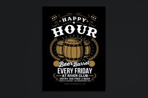 欢乐时光橡木桶啤酒节海报传单设计模板 Happy Hour Beer Barrel Flyer