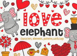 爱情大象元素的无缝图案