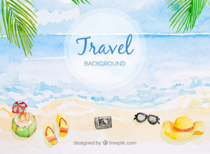 海边度假背景 Travel background with beach in watercolor