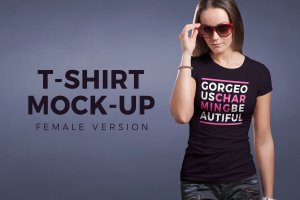 欧美模特上身效果圆形T恤服装样机模板 Crew Neck T-shirt Mock-up Female Version