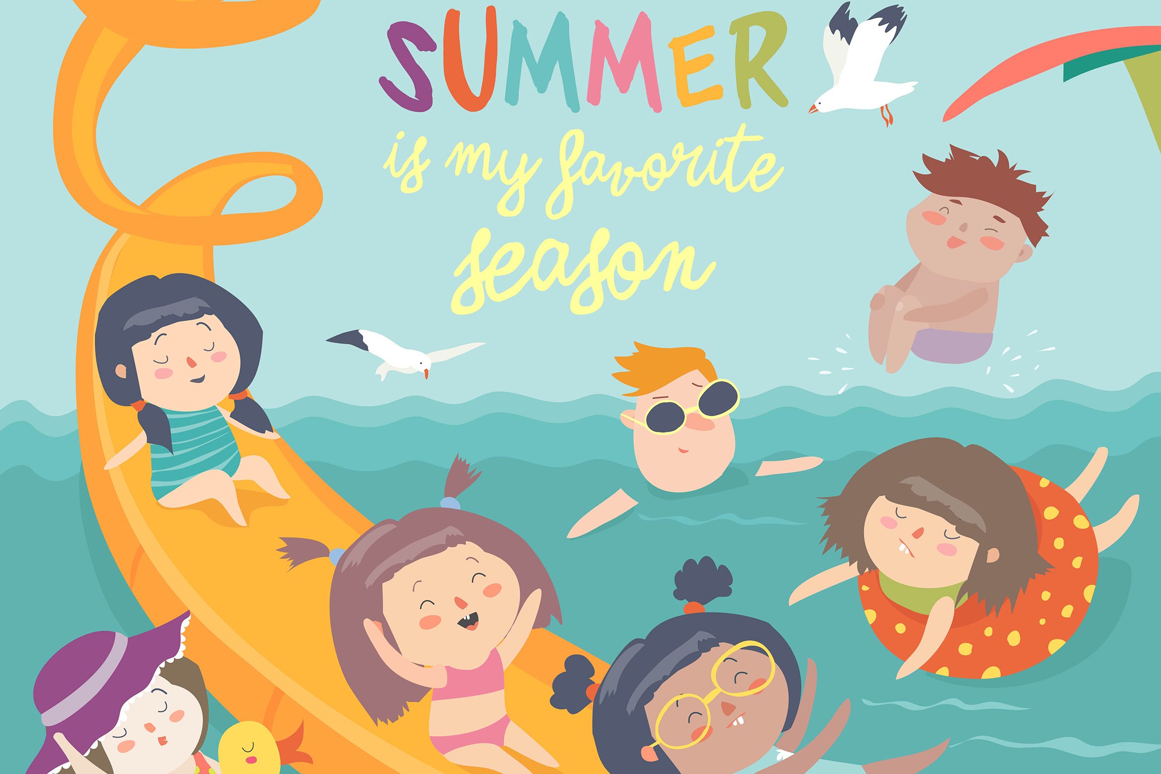 主题矢量插画,可用于夏日假期项目,儿童乐园推广,水上乐园活动宣传