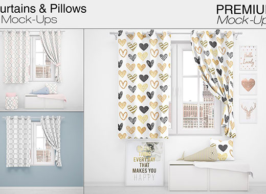 时尚简约的窗帘和枕头表面图案设计展示模型下载[psd]