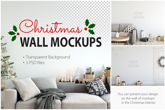 圣诞主题内墙装饰样机 Christmas Interior Wall Mockups