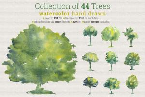 44种形状水彩树木插画 Collection of 44 Watercolor Trees