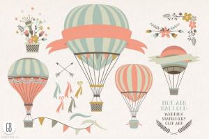 热气球与花卉剪贴画艺术 Hot air balloon flowers clip art