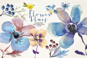 花朵、鸟儿、蝴蝶及乡村背景元素  Aquarelle blue flowers