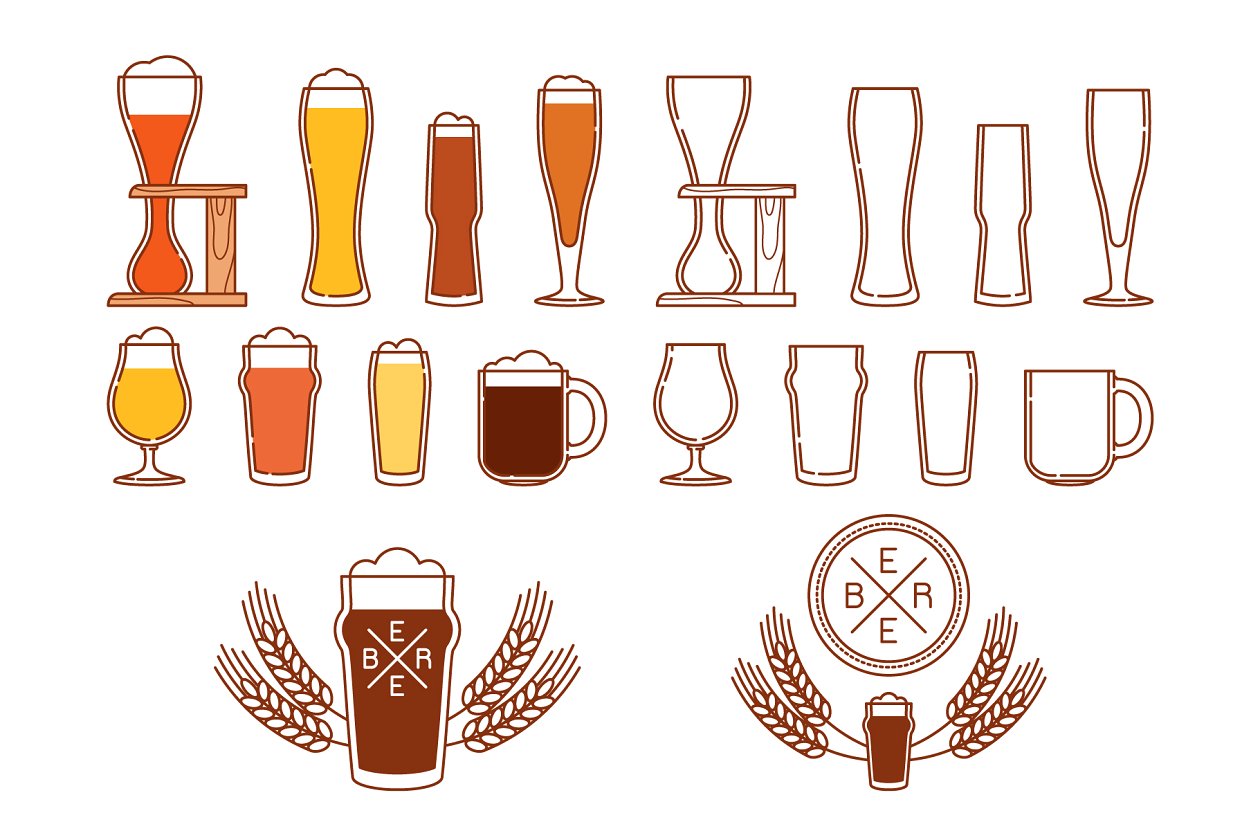 啤酒主题素材（杯子、图标&Logo） Beer glasses, icons and logos