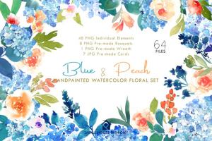 蓝色和桃色-水彩花卉元素套装 Blue & Peach- Watercolor Floral Set