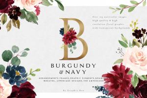 极力推荐：水彩花卉素材 Burgundy&Navy Floral Graphic Set [1.63GB]