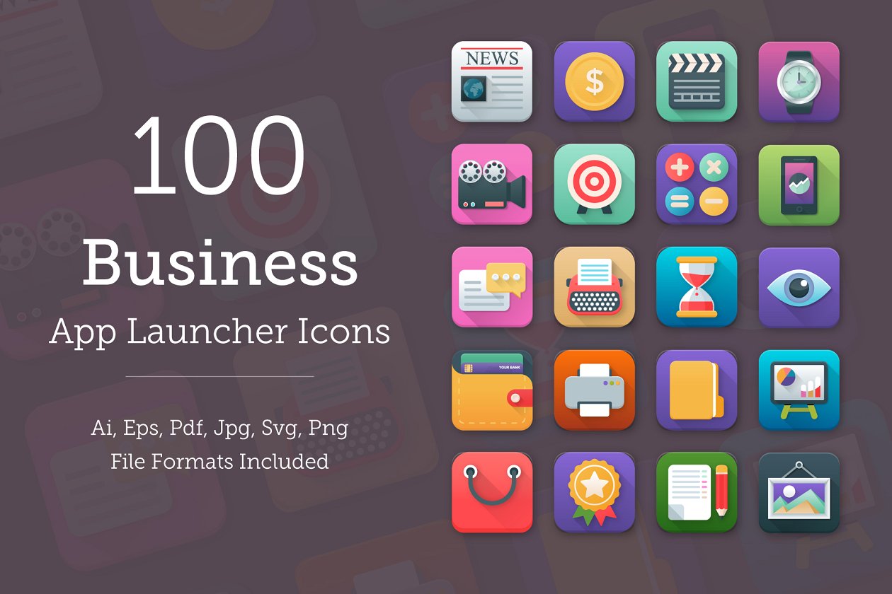 100个商业应用程序设计平面图标 100 Business App Icons Set