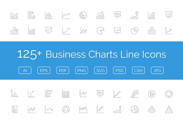 125+企业商务商业数据线条图标 125+ Business Charts Line Icons