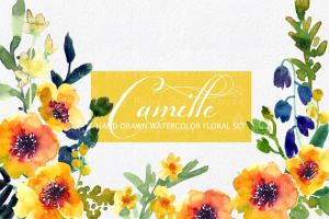 水彩阳光暖黄色花卉素材 Camille- Watercolor Clip Art Set