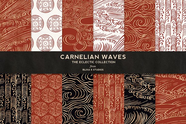 优雅手绘日本波浪插图 Carnelian Waves in Golden Foil