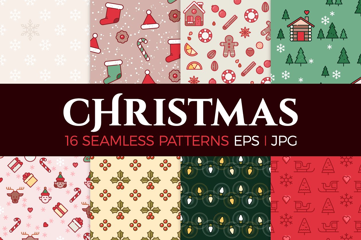16个圣诞主题矢量无缝图案 16 Christmas seamless patterns