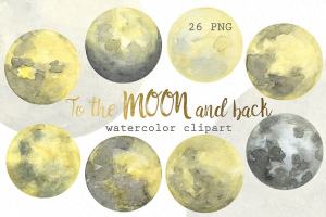 月相相位水彩剪贴画 Moon Phases. Watercolor