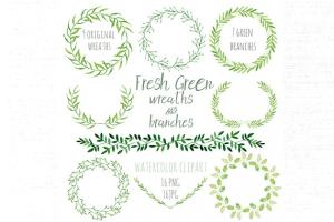 新鲜淡绿色手绘树枝花环剪贴画合集 Fresh green branches & wreath