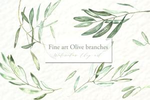 橄榄枝美术水彩剪贴画 Olive branches. Fine art Watercolor