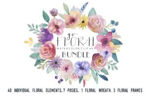 水彩花卉素材集（元素、花环&花框） Go Floral! watercolor clip art set
