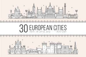 30款欧洲城市地标钢笔画矢量插画 Collection of 30 European cities