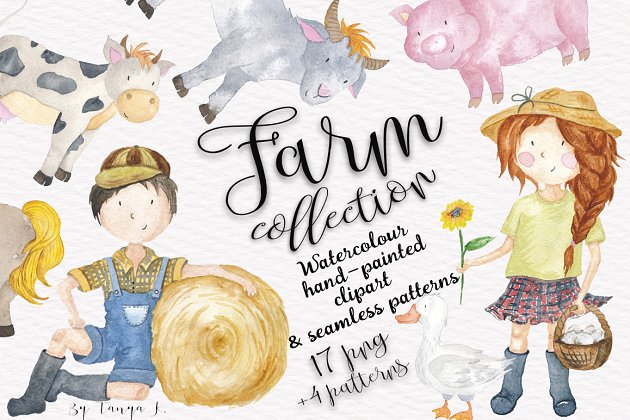 手绘水彩农场卡通小孩无缝插图 Farm Animals & Kids Collection