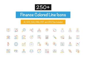 250+金融银行主题多彩线条图标素材 250+ Finance Colored Line Icons
