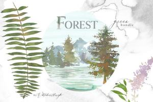 绿色森林水彩图案剪切画集合 Forest – Green Watercolor Bundle