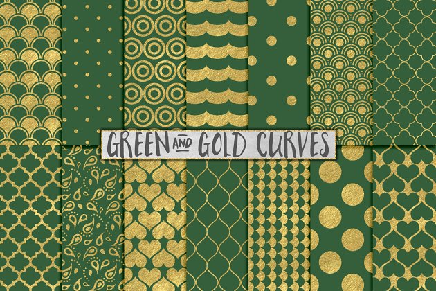 绿色＆金箔海浪花纹素材 Green and Gold Foil Backgrounds