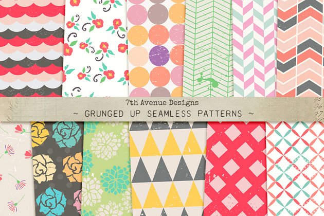 多彩几何花卉无缝图案纹理 Grunged Up Seamless Patterns