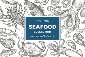 复古粗略风格的手绘海鲜插图合集 Seafood Illustrations