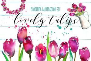 粉红郁金香水彩花卉套装 Pink Tulips Watercolor Floral Set