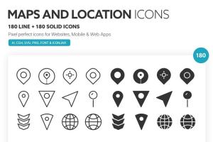 180个地图和位置线性及实体图标 Maps and Locations Icons