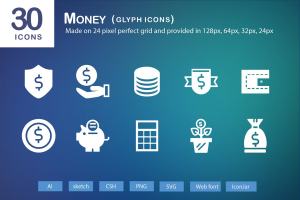 30枚投资金融网站APP字体图标  30 Money Glyph Icons