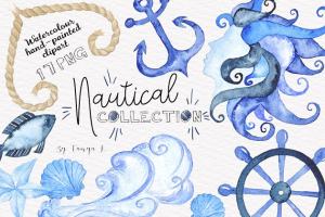 高质量水彩手绘航海元素剪贴画 Nautical Watercolor Clipart
