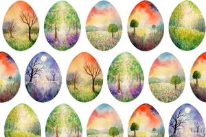 水彩景观复活节彩蛋图案素材 Landscape Easter Eggs Pattern