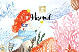 美人鱼与海水彩剪贴画 Mermaid sea. watercolor clipart