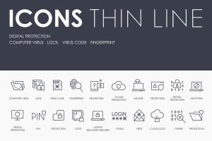 数字信息安全细线图标 Digital protection thinline icons